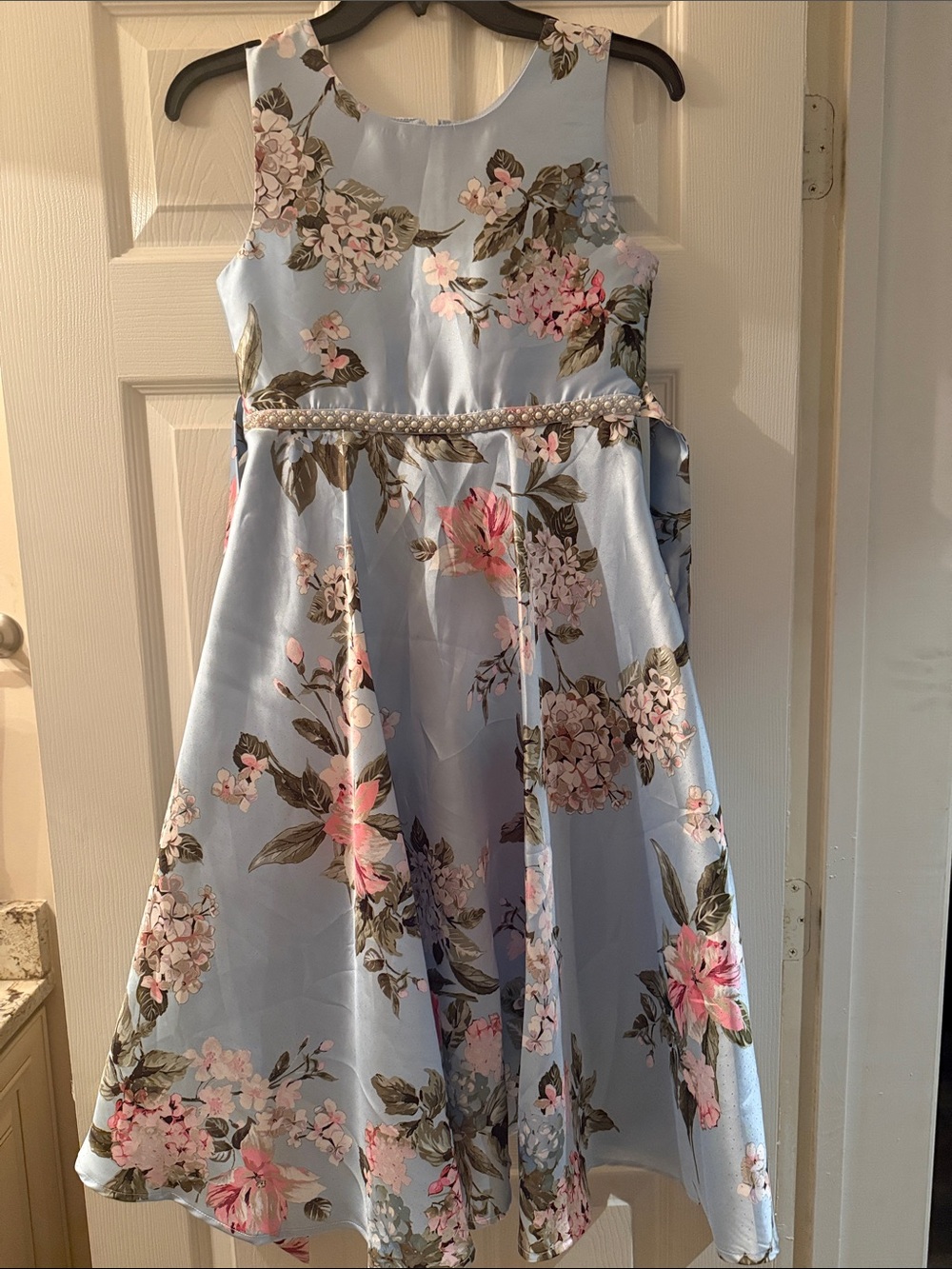 Girls Light Blue Floral Fit-and-Flare Dress with Pearl Waistband